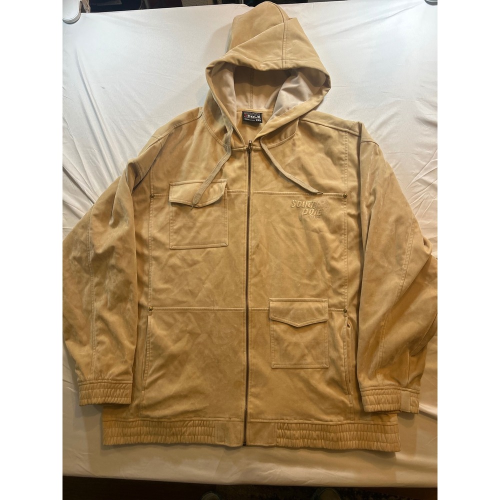 Southpole Mens XXL Tan Faux Suede Full Zip Hoodie Embroidered Streetwear Jacket